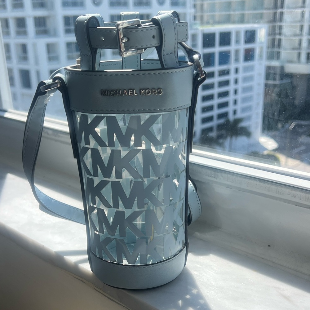 Michael Kors Pale Blue MK Logo Cylinder Crossbody Water Bottle Holder